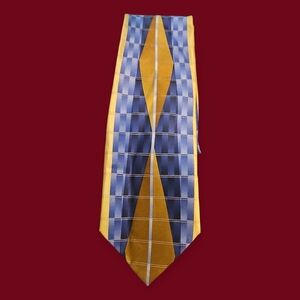 STACY ADAMS Geometric Modernist Blue and Gold Silk Extra Long Tie